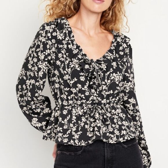 NWT Black Cream Floral Peplum Ruffle Blouse L - Picture 1 of 8